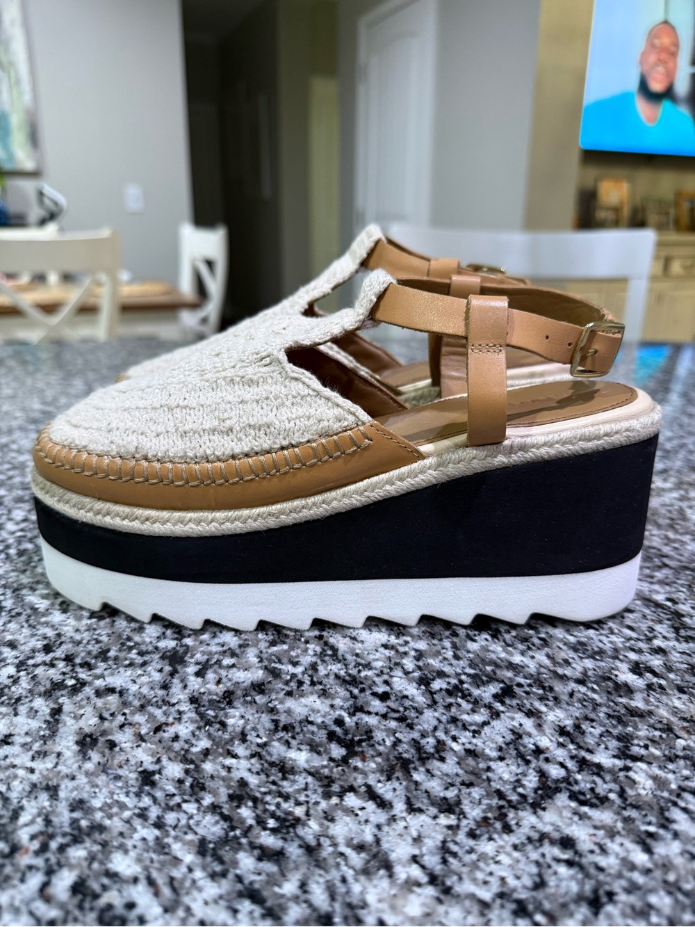 Free People Cream Crochet Platform Mules with Tan Straps - Picture 2 of 3
